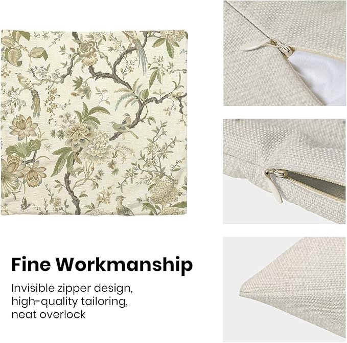 CXMEIFLY Spring Floral Birds Pillow Covers 24 x 24 Inch Set of 2 for Chinoiserie Flowers Decor Throw Pillows Sage Green Plant Outdoor Decorative Cushion Cases for Couch Bed Decorations