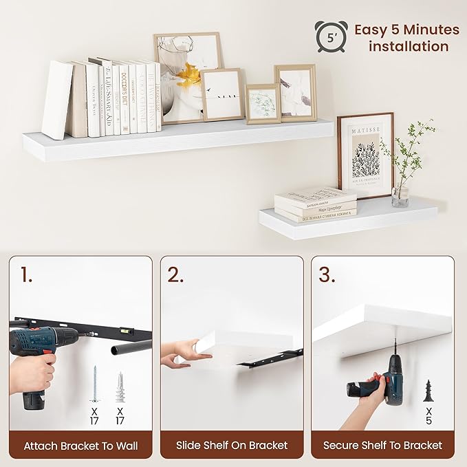White Floating Shelves for Wall, 24 Inch X 12 Deep Shelves for Room Wall Mounted，2" Thick Heavy Duty Holds 55lbs Floating Shelf for Bedroom Bathroom Kitchen Laundry Room, Set of 2