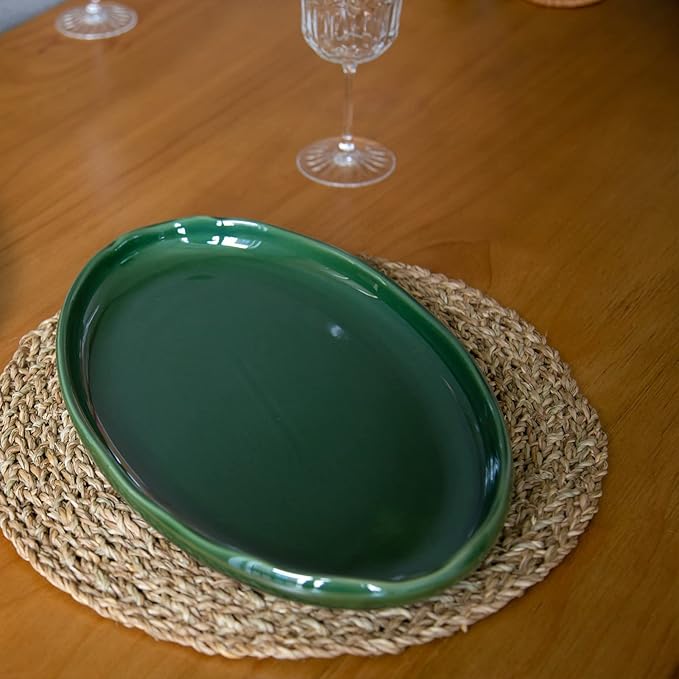 vicrays Ceramic Serving Platter Tray - Extra Large Oval 14.5 Inch Porcelain Dinner Plates Long Serving Dish Set - for Party Restaurant Food Meat Sushi Fish Turkey Platter - Green