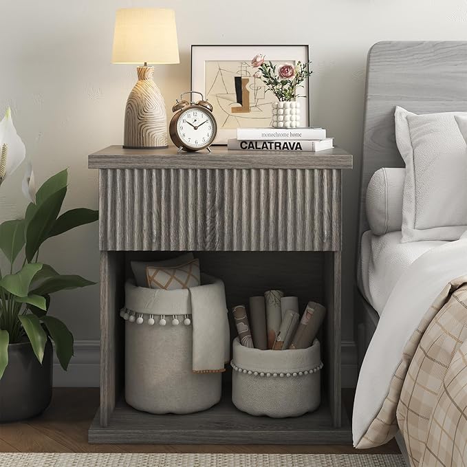 Fluted Nightstand Set of 2, 22.8" Wide Nightstands with Drawer Storage Large Wood BedsideTable Night Stands for Bedroom, Grey Oak