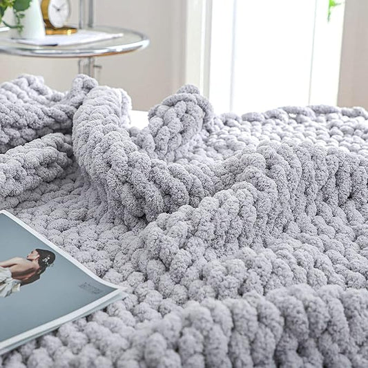 Bigacogo Chunky Knit Throw Blanket for Couch, 51x63 inches, 100% Hand Knitted with Thick Jumbo Chenille Yarn, Cozy Soft Large Rope Knot Cable Crochet Blankets for Sofa Bed Living Room, Light Grey