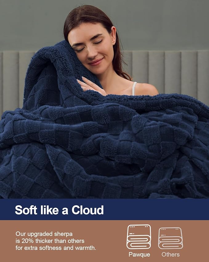 Pawque Super Soft Cozy Throw Blanket Twin Size for Couch Bed, Fluffy Sherpa Fleece Reversible Thick Warm Fuzzy Blanket for All-Season, 3D Checkered Jacquard Decorative Blankets, Navy Blue, 60" x 80"