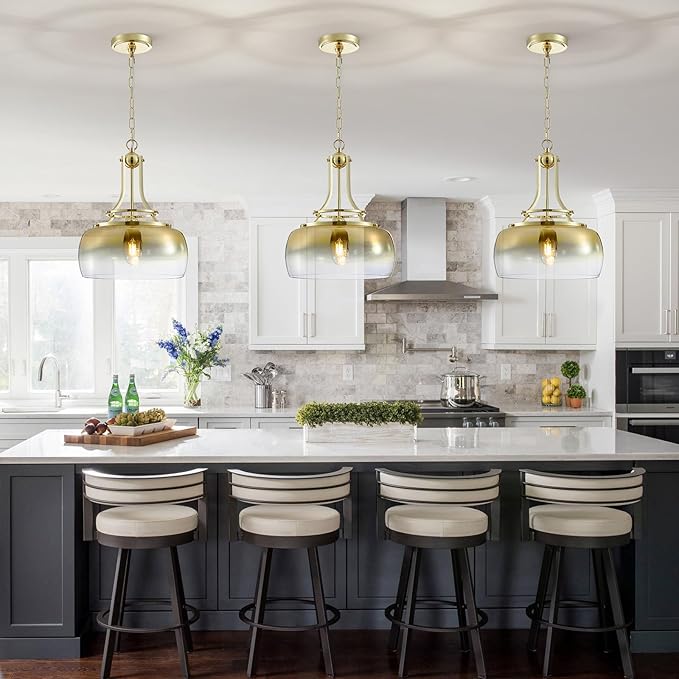 WUZUPS Gold Chandelier Rustic Farmhouse Industrial Round Ceiling Pendant LED Light Fixture with Gradient Glass Shade for Dining Room Kitchen Island Foyer Entryway, H 17" W 13.4", E26 Base