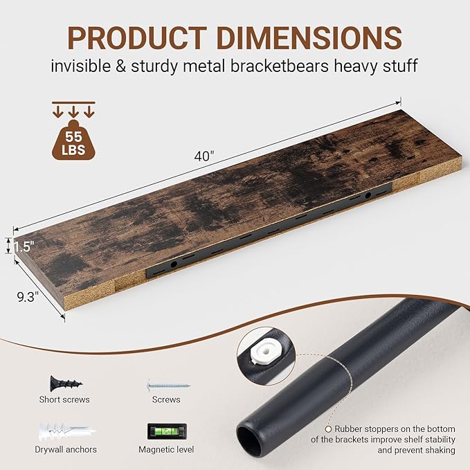 Heimlove 40 Inches Floating Shelves for Wall,9.3" Deep Rustic Brown Long Floating Shelves Set of 2,Large Display Shelf & Storage Shelf,Wall Shelf for Bathroom Bedroom Living Room Kitchen Office