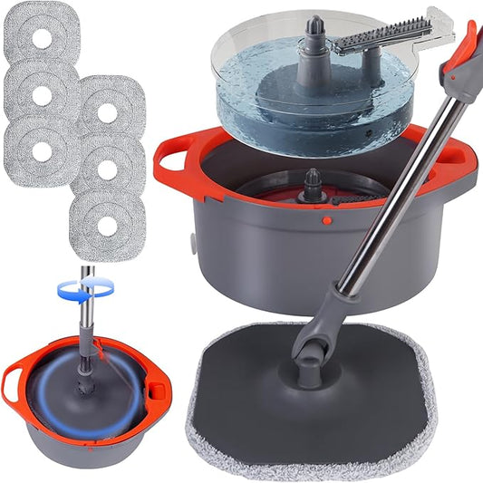 Spin Mop and Bucket with Separate Dirty and Clean Water,360° Spin Mop and Bucket System with Widening Foldable Handle,6 Replaceable Mop Pads,Square Mop for Floor Hardwood Tile Marble Wall Cleaning