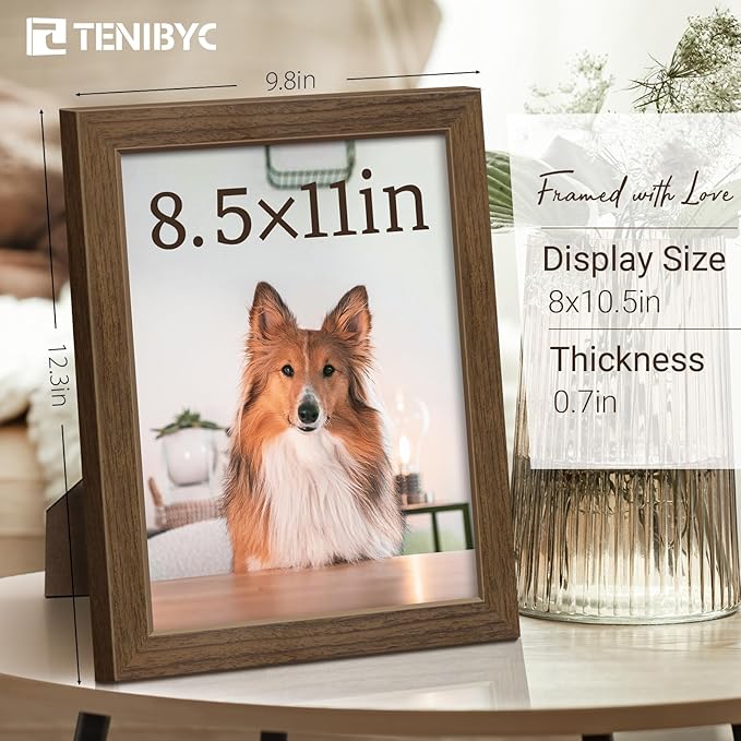 8.5x11 Picture Frame Set of 3 - Brown Woodgrain, Wood Photo Frame, HD Tempered Glass, Table Display or Wall Hanging