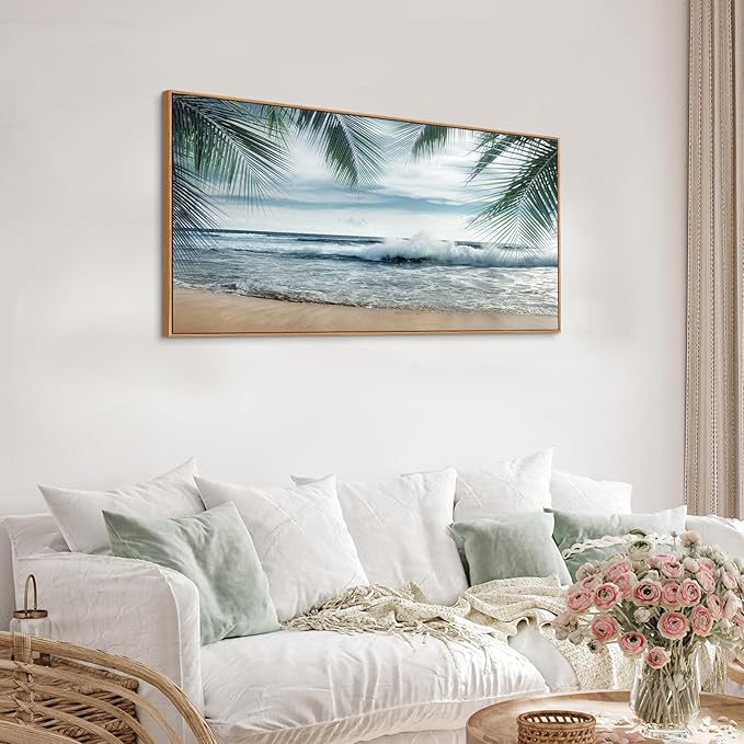 Framed Tropical Beach Wall Art - Ocean Waves Canvas Pictures Coastal Blue Sky and Sea Print Seaside Palm Tree Leaves Scene Painting Artwork Living Room Bedroom Office Home Decor 20" x 40"