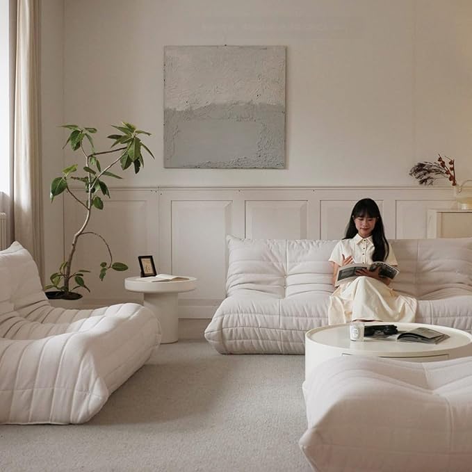 Luxury Sofa Couch Chair, Lazy Floor Seating, Fireside Bean Bag Chair, Ergonomic Tatami Sofa Lounger for Living Room, Bedroom, Office, 3 Seat, White