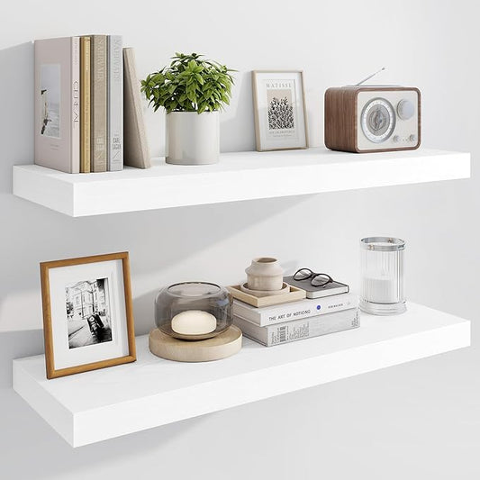 Marsmiles 30" Floating Shelves for Wall, Wooden Shelves with Invisible Brackets Set of 2, Rustic Farmhouse Wall Mounted Shelf for Kitchen Bathroom Living Room Study, White
