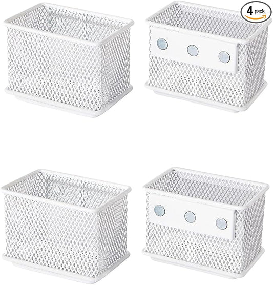 White Magnetic Basket, Magnetic Pencil Holder for whiteboard, Wire Mesh Magnetic Refrigerate Organizer, Magnetic shelf Desktop Storage, 3.42'' x 2.36'' x 2.55'',Set of 4