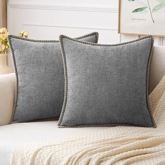 MIULEE Pack of 2 Couch Throw Pillow Covers 16x16 Inch Dark Gray Farmhouse Decorative Pillow Covers with Stitched Edge Soft Chenille Solid Dyed Spring Pillow Covers for Sofa Bed Living Room