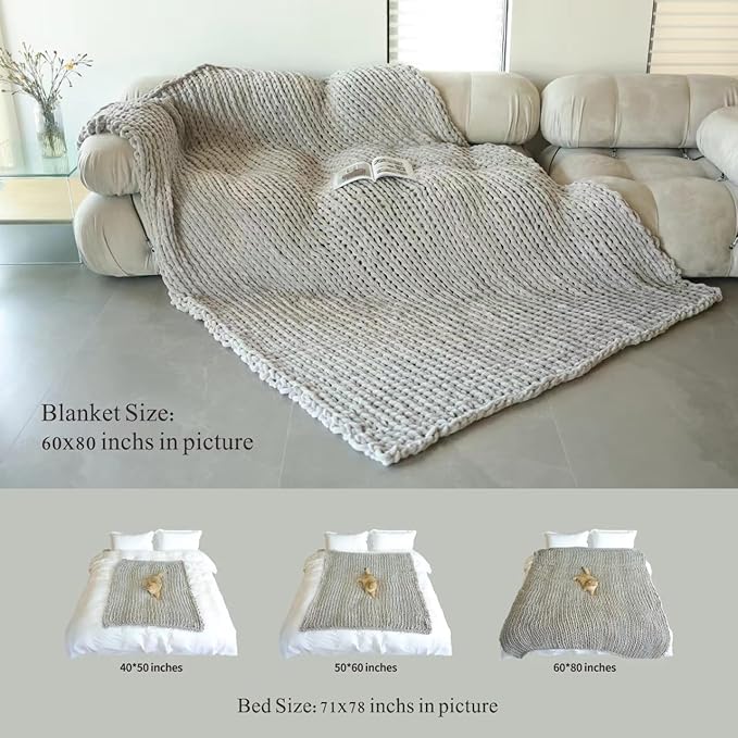 Maetoow Tighter Version Chenille Chunky Knit Blanket Throw （60×80 Inch）, Handmade Warm & Cozy Blanket Couch, Bed, Home Decor, Soft Fleece Banket, Boho Thick Blankets and Giant Yarn Throws，Beige