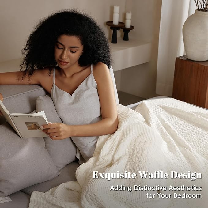 PHF 100% Cotton Waffle Weave Blanket Queen Size, Soft Lightweight Breathable Cozy Summer Blankets for Bed, Luxury Aesthetic Woven Bedding for Home Decor, 90"x90", Ivory