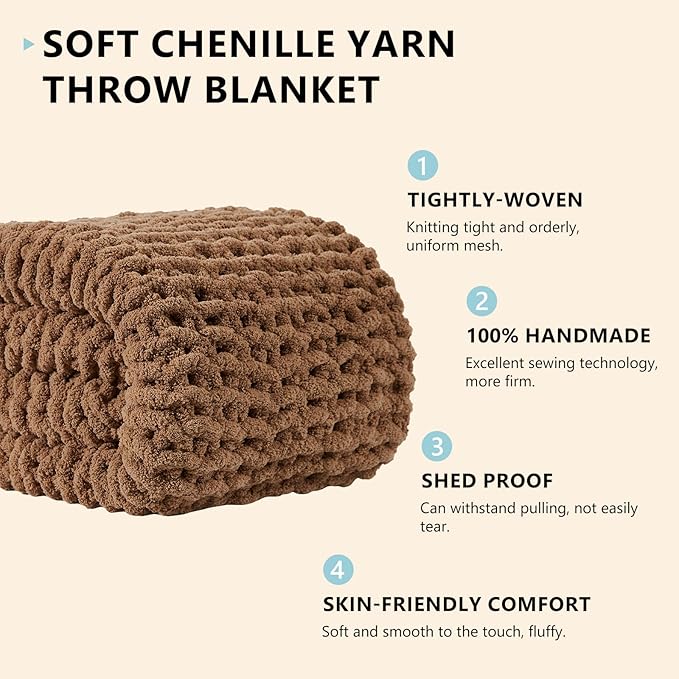 L'AGRATY Chunky Knit Blanket - Soft Chenille Yarn Throw - 60x80: Handmade Thick Cable Knit Crochet Blanket for Couch, Sofa, Bed & Home Decor