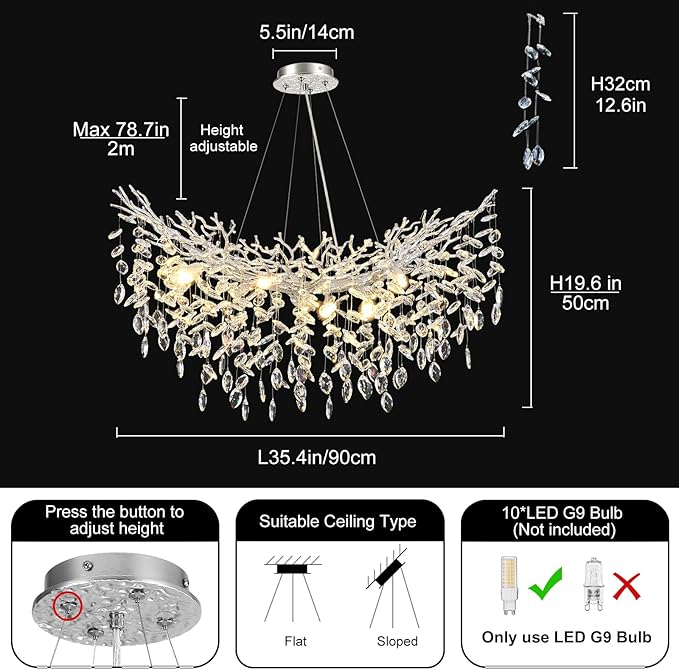 Modern Crystal Silver Chandelier, 36" Large Rectangular Oval Tree Branch Crystal Chandeliers for Dining Room,16-Light Flush Mount K9 Crystal Chandeliers, for Kitchen Island,Dining Room