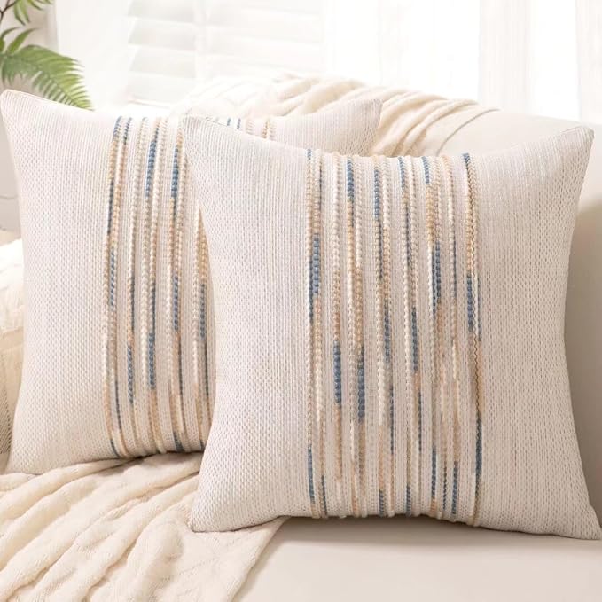 Boho Throw Pillow Covers 18x18 Set of 2 Farmhouse Decorative Cushion Case Striped Square Pillows Cover Chenille Pillow Cases Accent Neutral Pillowcase for Sofa Couch Bed,Yellow-Blue