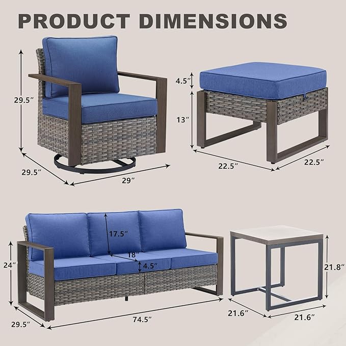 Outdoor Wicker Patio Furniture Set - 8 Piece Patio Conversation Set with 4 Wicker Swivel Rocker Chairs,2 Rattan Ottoman 1 Side Table and 1 Couch,Thick Cushions,Deep Seating(Mixed Grey/Blue)