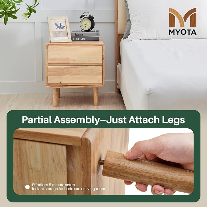 Modern Solid Wood Nightstand with Drawers - Mid Century Modern 2 Drawer Natural Wooden Small Narrow Nightstand Bedside Side End Table with Storage for Living Room Bedroom, 15.7" D x 17.1" W x 19.6" H