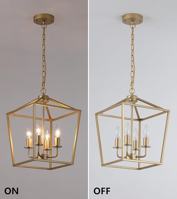 Industrial 4 Lights Chandelier, Gold Lantern Ceiling Light Fixtures with Rustic Metal Cage Adjustable Height Farmhouse Geometric Hanging Light for Kitchen Island, Dining Room, Entryway, UL Listed