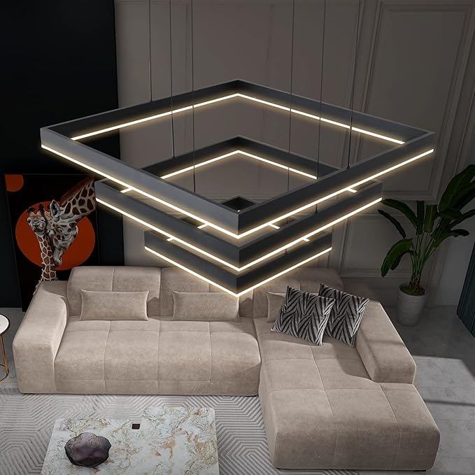 Modern LED Square Chandelier, 3 Ring Dimmable for Living, Dining, Bedroom & Foyer - High Ceiling Hanging LED Pendant Light Fixture (Black)