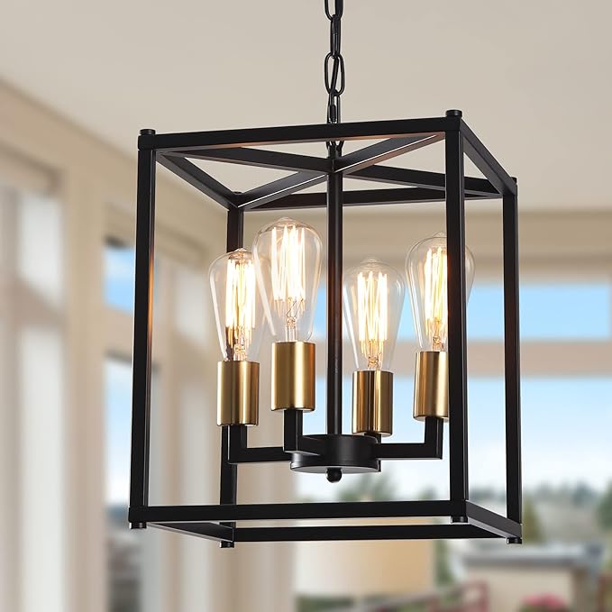 Lantern Pendant Light, 4-Light Gold Chandelier,Modernized Ceiling Hanging Light Fixture for Bedroom Kitchen Island Foyer Living Room Dining Room Hallway