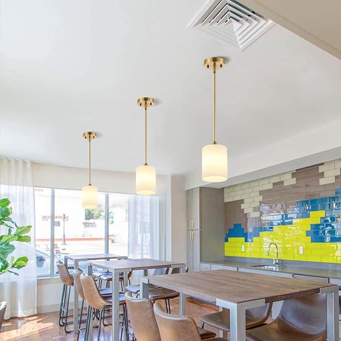 Modern Gold Pendant Light Brushed Brass Mid Century Chandelier White Cylinder Glass Shades Adjustable Rods Farmhouse Ceiling Hanging Lighting Fixture Kitchen Island Dining Room Bedroom