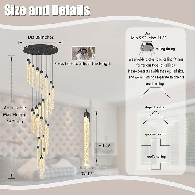 H150'' Modern Chandelier Modern Led Chandeliers Foyer Chandelier Stairs Large Chandelier Adjustable Black Chandeliers Pendant Lighting Fixture Hanging Ceiling Light