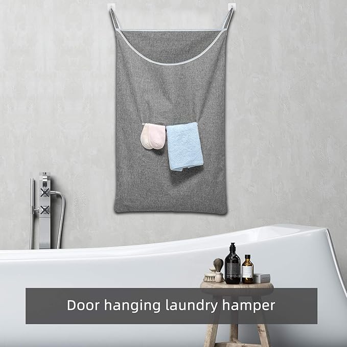 X-Large Hanging Laundry Hamper Bag, Door Hanging Hamper with Front Pocket Dirty Clothes Hanging Laundry Bag Large Size 35X22 inch Door Laundry Basket (Grey)