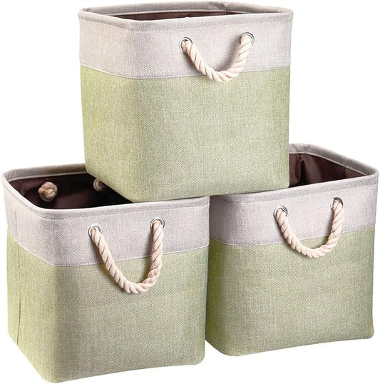 i BKGOO 3Pack Large Foldable Storage Bins，Collapsible Sturdy Cationic Fabric Organizing Storage Basket Cube with Cotton Handles for Home Office Shelf Clothes Toys Beige-Green 13×13×13 inch