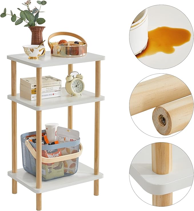 IBUYKE 3-Tier Side Table, Solid Wood Tall End Table with Storage Shelves, Nightstand Bedside Table for Living Room Bedroom Office, No-Tool Assembly, White UWST003W