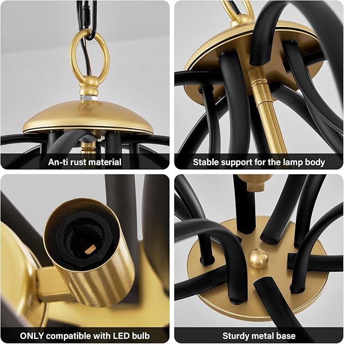 Modern Black and Gold Chandelier for Dining Room, 4 Lights Geometric Chandeliers, Sphere Chandelier Industrial Large Pendant Light Fixtures Hanging for Kitchen, Entryway, Foyer, Stairs