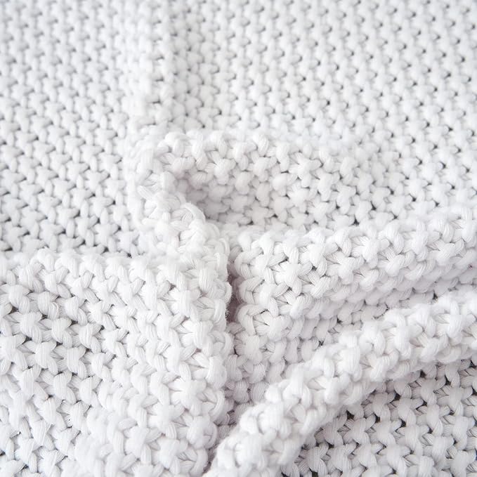 Chunky Cable Knit Throw Blanket Lightweight White 100% Organic Cotton Blanket for Sofa Couch Bed Baby Nursery, Rustic Shabby Chic Modern Farmhouse, Pure White 51” x 63” Give Laundering Bag