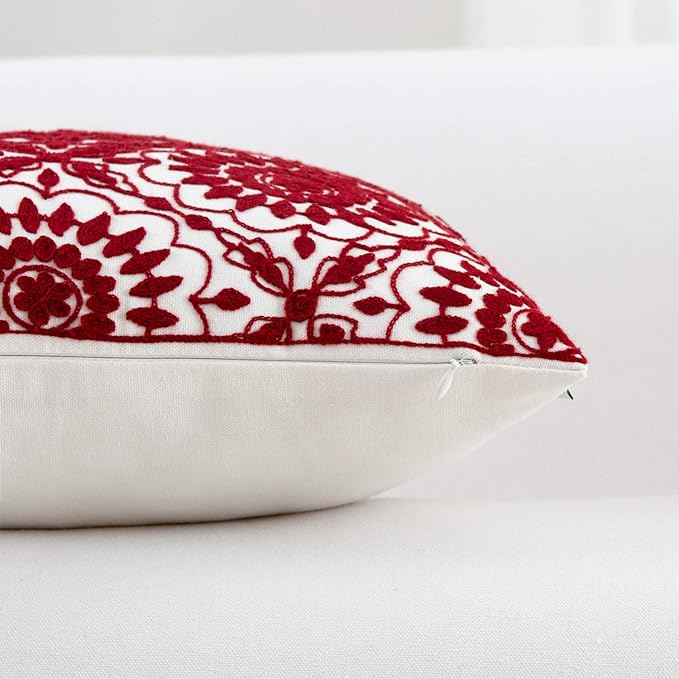 HWY 50 Red Decorative Throw Pillow Covers 18x18 Inch (1 Piece), Embroidered Cotton Farmhouse Cushion Cover Pillow Case for Sofa Couch Living Room Bed, Little Sunflower
