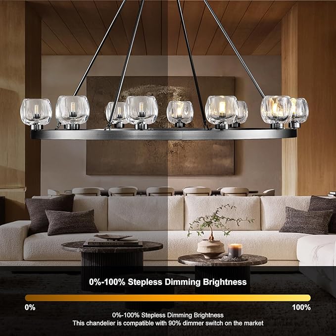 Black Wagon Wheel Chandelier, 48 Inch Black Chandeliers with Unique Glass Shade, 12-Light Crystal Large Wagon Wheel Chandeliers for Dining Room, High Ceiling Round Chandelier for Living Room, Foyer