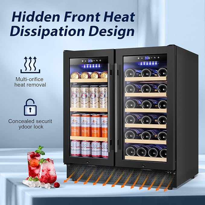 Tylza 30 Inch Wine and Beverage Refrigerator, Dual Zone Wine Beverage Cooler 30" with French Door, Under Counter Wine Beer Fridge Built-In or Freestanding, Holds 29 Bottles and 110 Cans, Black