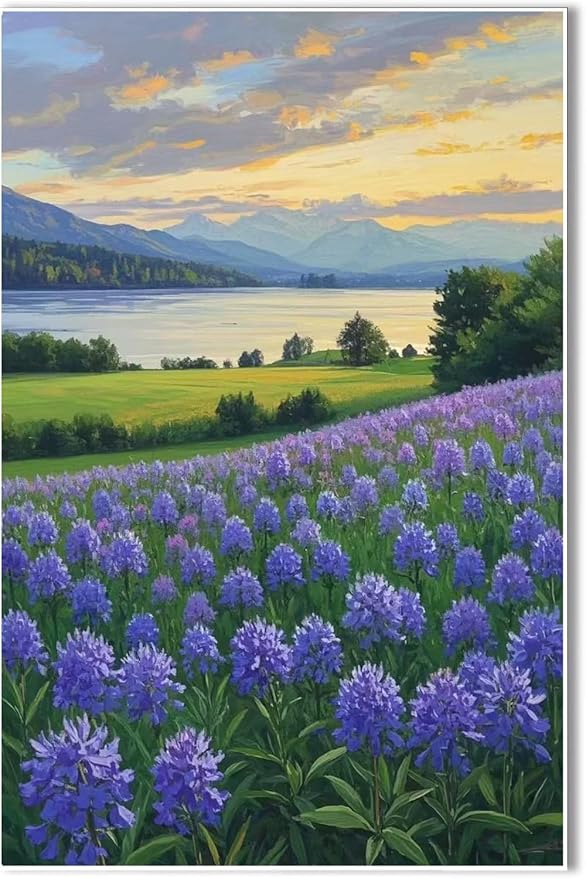 The lavender scenery all over the lake at sunset is suitable for posting in the living room bedroom office landscape poster wall painting