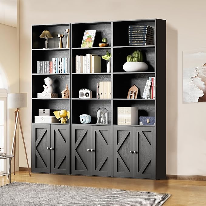 Tall Wooden Bookshelf with Cabinet and Doors – 70.86” Freestanding Tall Bookcase for Heavy Books, Living Room Storage, Home Office Shelf, Bedroom Organization – Vintage Black Wood Book Shelf