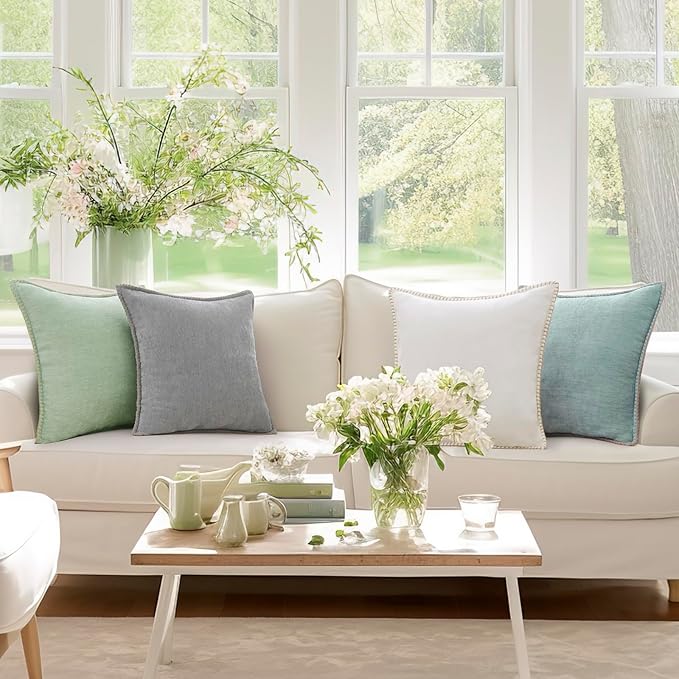 decorUhome Chenille Soft Throw Pillow Covers 24x24 Set of 2, Farmhouse Velvet Neutral Decorative Euro Pillow Covers with Stitched Edge for Couch Sofa Bed Home Decor, Aqua Haze