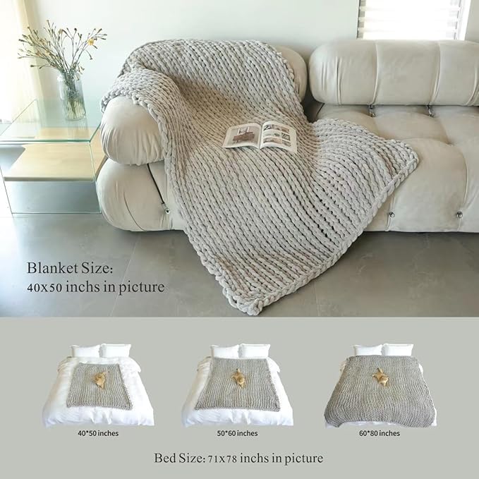 Maetoow Tighter Version Chenille Chunky Knit Blanket Throw （40×50 Inch）, Handmade Warm & Cozy Blanket Couch, Bed, Home Decor, Soft Fleece Banket, Boho Thick Blankets and Giant Yarn Throws，Beige