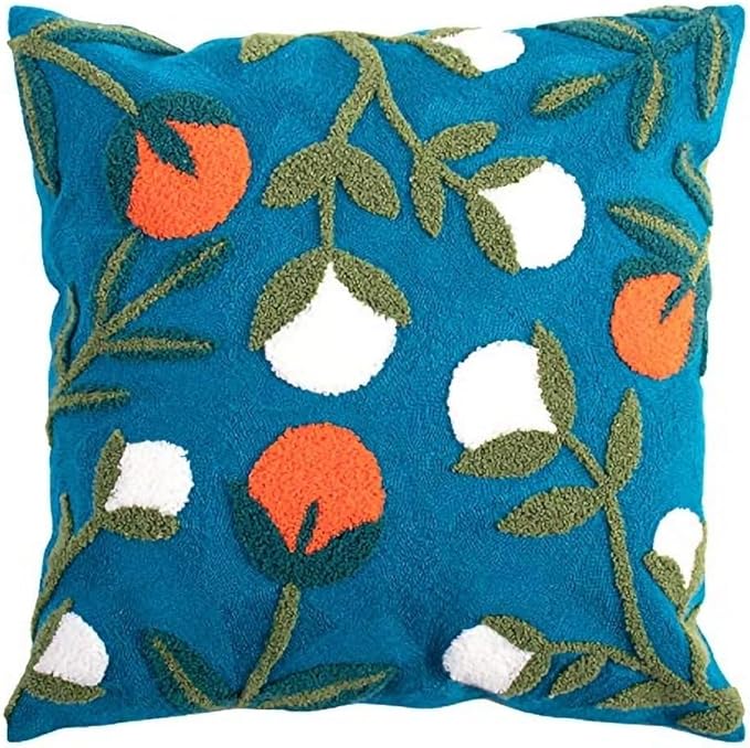MOCOFO Canvas Embroidered Flower Pillow Case Spring Embroidery Craft Modern Simple Throw Pillow Cover for Sofa,Bedroom,Office (Wild Fruit, 18x18’’)