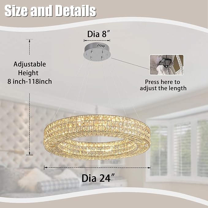 Dia 24" Modern Crystal Chandelier Silver Ring Chandelier Adjustable Height Luxury Crystal Pendant Ceiling Light Fixture for Dining Living Room Bedroom