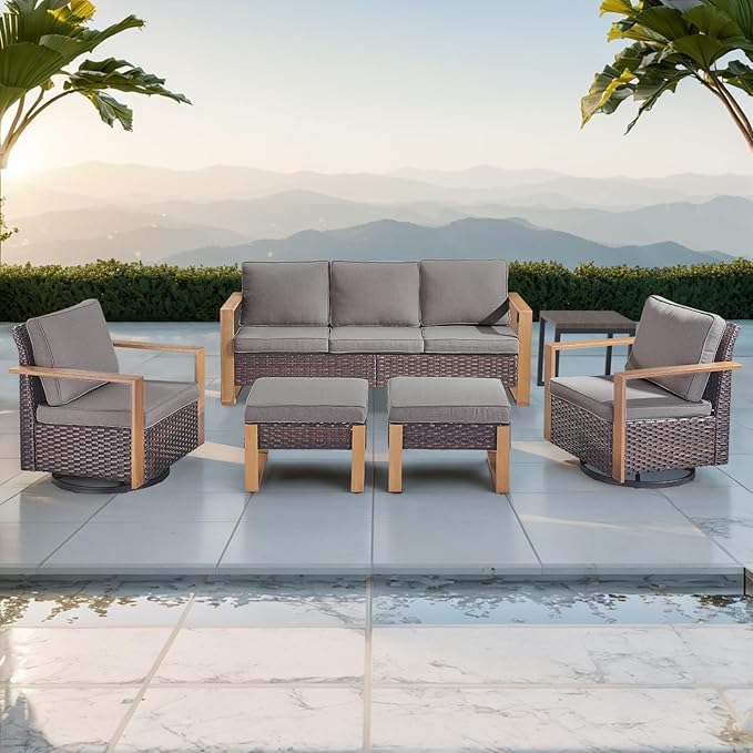 Outdoor Wicker Patio Furniture Set - 6 Piece Patio Conversation Set with 2 Wicker Swivel Rocker Chairs,2 Rattan Ottoman,1 Side Table and 1 Couch,Thick Cushions,Deep Seating(Brown/Grey)