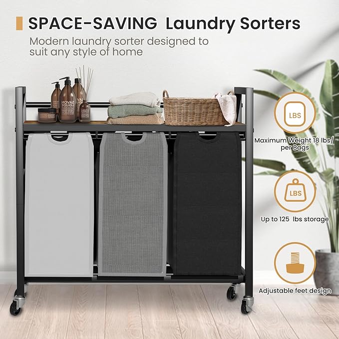 Laundry Hamper, Laundry Basket, Laundry Sorter with 3 Removable Bags, Clothes Basket with 3 Compartments, Wheels, Shelf for Laundry Room Bathroom Bedroom (3 Bags-Black Grey White)