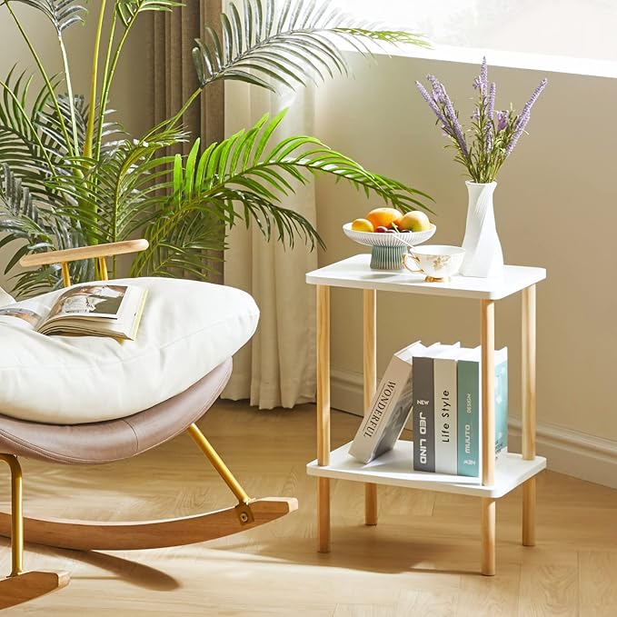 IBUYKE 2-Tier Side Table, Solid Wood Tall End Table with Storage Shelves, Nightstand Bedside Table for Living Room Bedroom Office, No-Tool Assembly, White UWST002W
