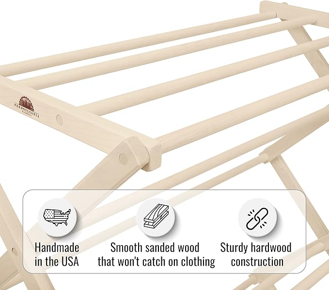 Pennsylvania Woodworks Premium American Maple Clothes Drying Rack - Handcrafted in Pennsylvania - Solid Wood Construction, Collapsible, Eco-Friendly Laundry Solution (Large)