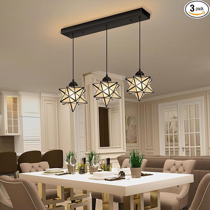 Modern Frosted White Glass Chandelier Dining Room Farmhouse Star Pendants Lights for Kitchen Island LED Ceiling Hanging Lighting Included Warm Light Bulbs Black