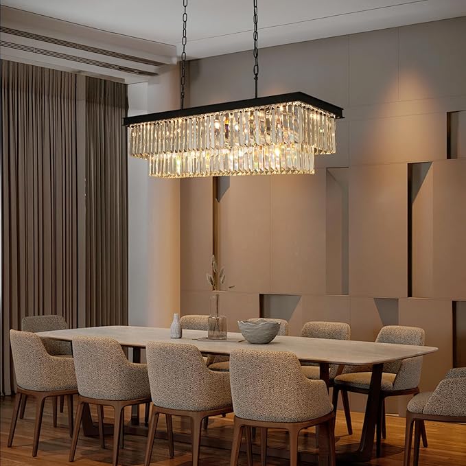 Crystal Chandeliers for Dining Room Light Fixtures Over Table，15-Lights Black Modern Rectangle Chandeliers for Kitchen Island Bar L40 Inch