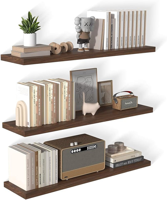 48 Inch Floating Shelf 3 Pack Large Floating Shelves for Wall No Drilling Accessories Included Deep Wall Shelves for Living Room Kitchen Farmhouse 48" W x 12" D x 1.2" Walnut