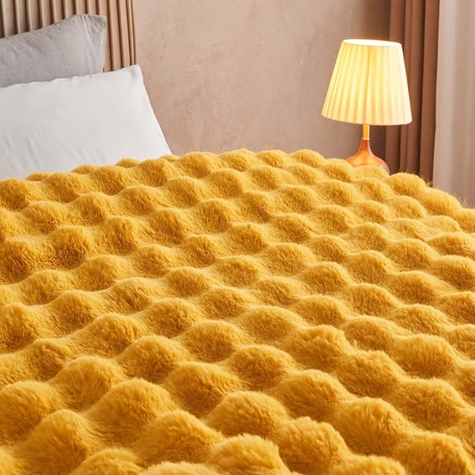 Lotus Karen Faux Fur Throw Blanket Ginger Yellow - Big Bubble Rabbit Fluff Blanket for Couch Bed Sofa,Softest Fluffy Fuzzy Cozy Blanket,Thick Furry Plush Shaggy Warm Blankets for Women,50x60 Inches