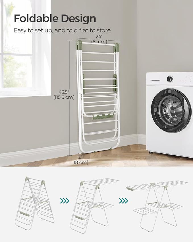 SONGMICS Clothes Drying Rack, Foldable 2-Level Laundry Drying Rack, Free-Standing Laundry Airer, with Height-Adjustable Wings, 33 Drying Rails, Sock Clips, White and Green ULLR053C01V1